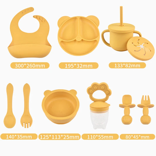 9Pcs/Set BPA Free Silicone Baby Feeding Set Sucker Bowl Divided Dinning Plate Straw Cup Spoon Fork Adjustable Bib Children Dishe